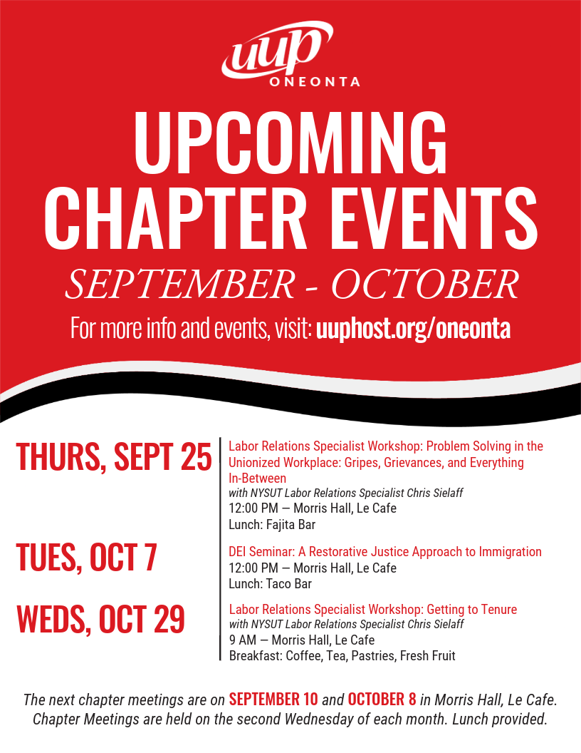 Flyer outlining dates and speakers for upcoming chapter events for September and October.