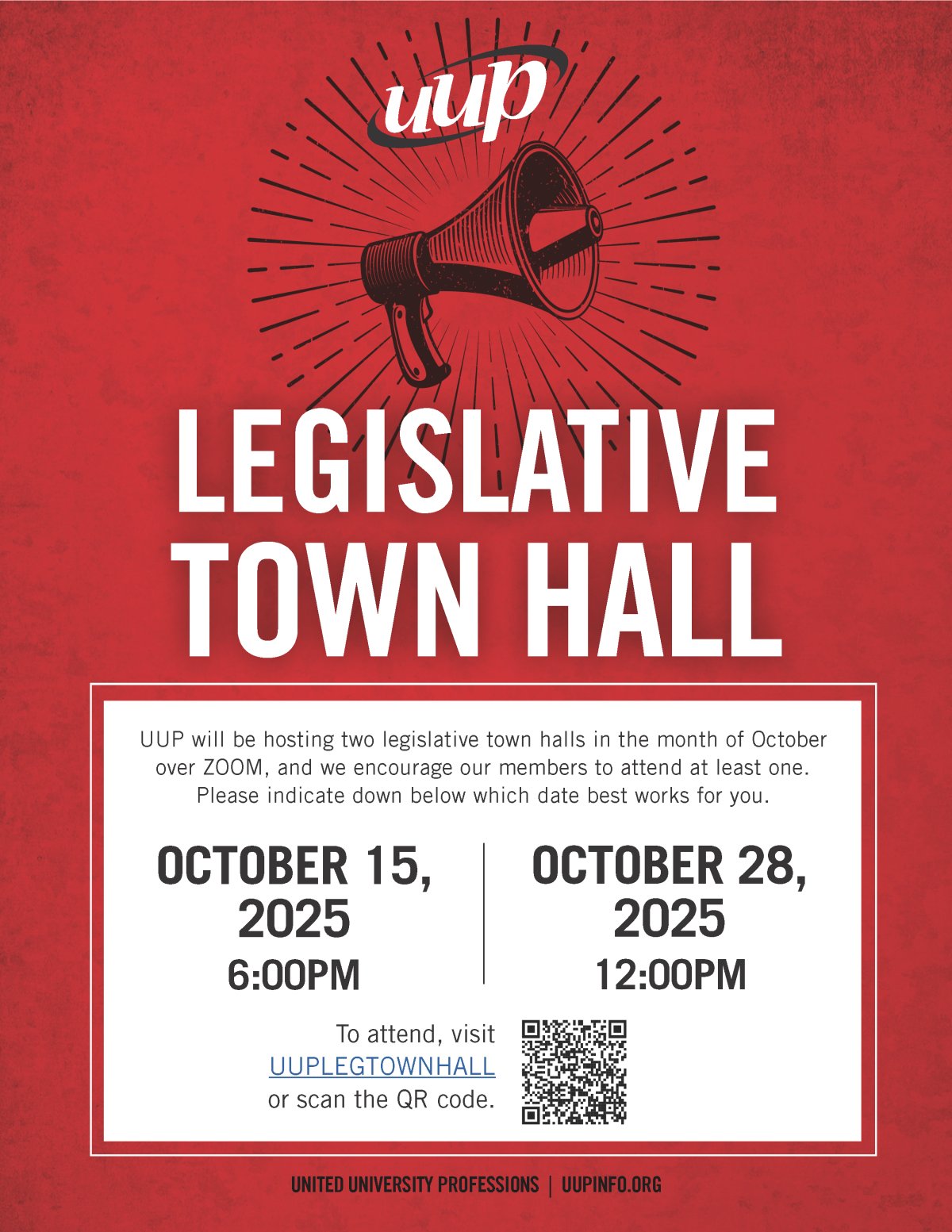 Flyer for UUP Legislative Town Halls, hosted virtually on Zoom on October 15 and 28