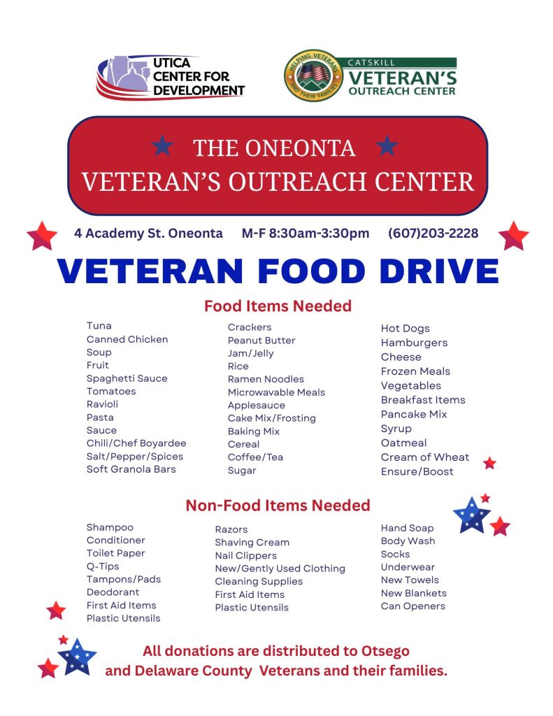 A comprehensive list of food items needed and accepted for donation at the Oneonta Veteran's Outreach Ceneter