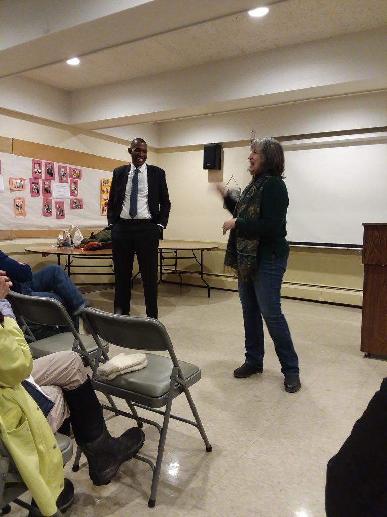 Antonio Delgado and Virginia Kennedy greet each other