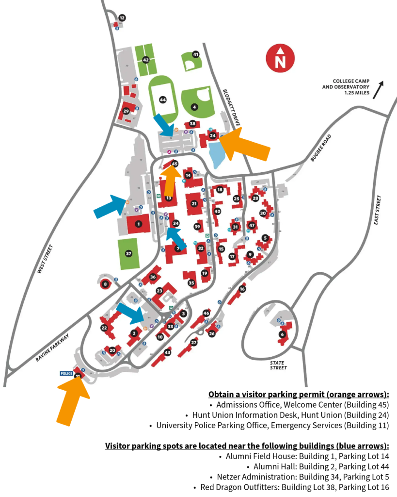 A map of SUNY Oneonta. Several large arrows in orange and blue point to specific locations on the map.

The text at the bottom provides specific instructions categorized by the arrow colors.

Obtain a visitor parking permit (orange arrows):

Admissions Office, Welcome Center (Building 45): Located in the center-north area of the campus.

Hunt Union Information Desk, Hunt Union (Building 24): Located on the northeast side near a small pond.

University Police Parking Office, Emergency Services (Building 11): Located at the far southwest entrance of the campus on Ravine Parkway.

Visitor parking spots are located near the following buildings (blue arrows):

Alumni Field House: Building 1, Parking Lot 14 (West side)

Alumni Hall: Building 2, Parking Lot 44 (Southwest side)

Netzer Administration: Building 34, Parking Lot 5 (Central area)

Red Dragon Outfitters: Building 38, Parking Lot 16 (North-central area)