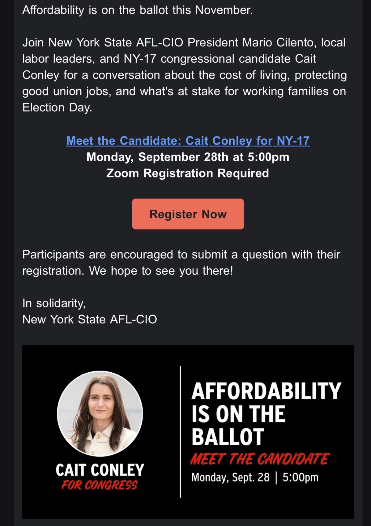 NYS AFL-CIO "Meet the Candidates" event featuring Cait Conley. Details within the post.