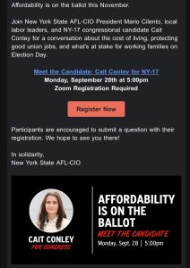 NYS AFL-CIO "Meet the Candidates" event featuring Cait Conley. Details within the post.