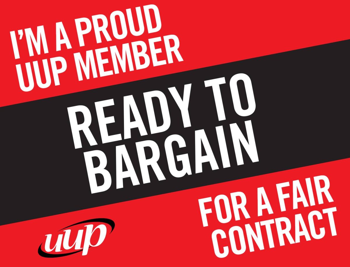 Red and black solidarity graphic that says "ready to bargain for a fair contract"