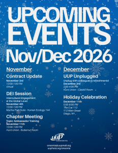 November and December UUP Oneonta events flyer. Events detailed in the accompanying post.